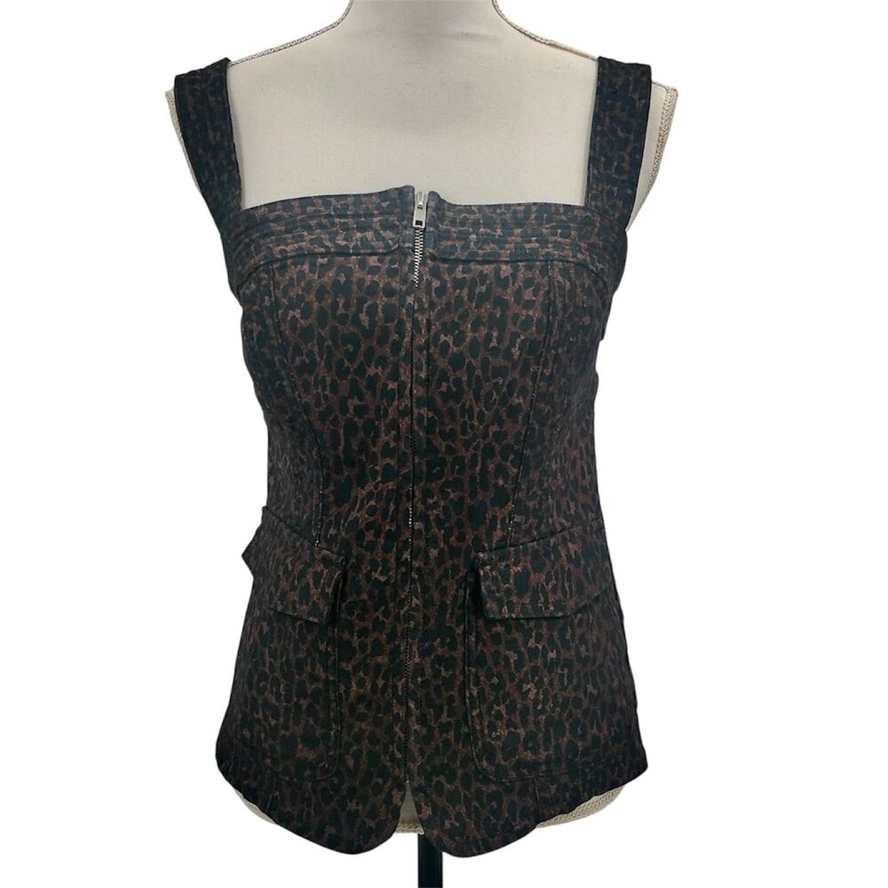 Anthropologie Pilcro Zip Front Square Neck Tank Leopard Print Canvas Brown Small